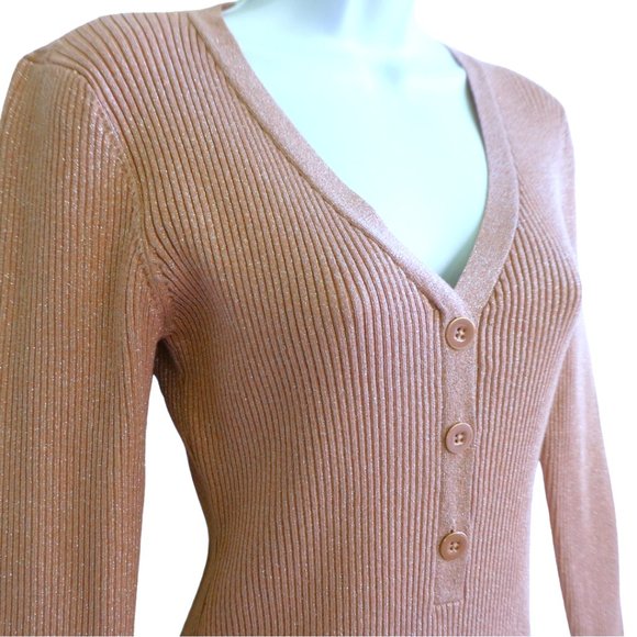 White House Black Market Metallic Ribbed Henley Sweater Pink V Neck Long Sleeve - Picture 4 of 7